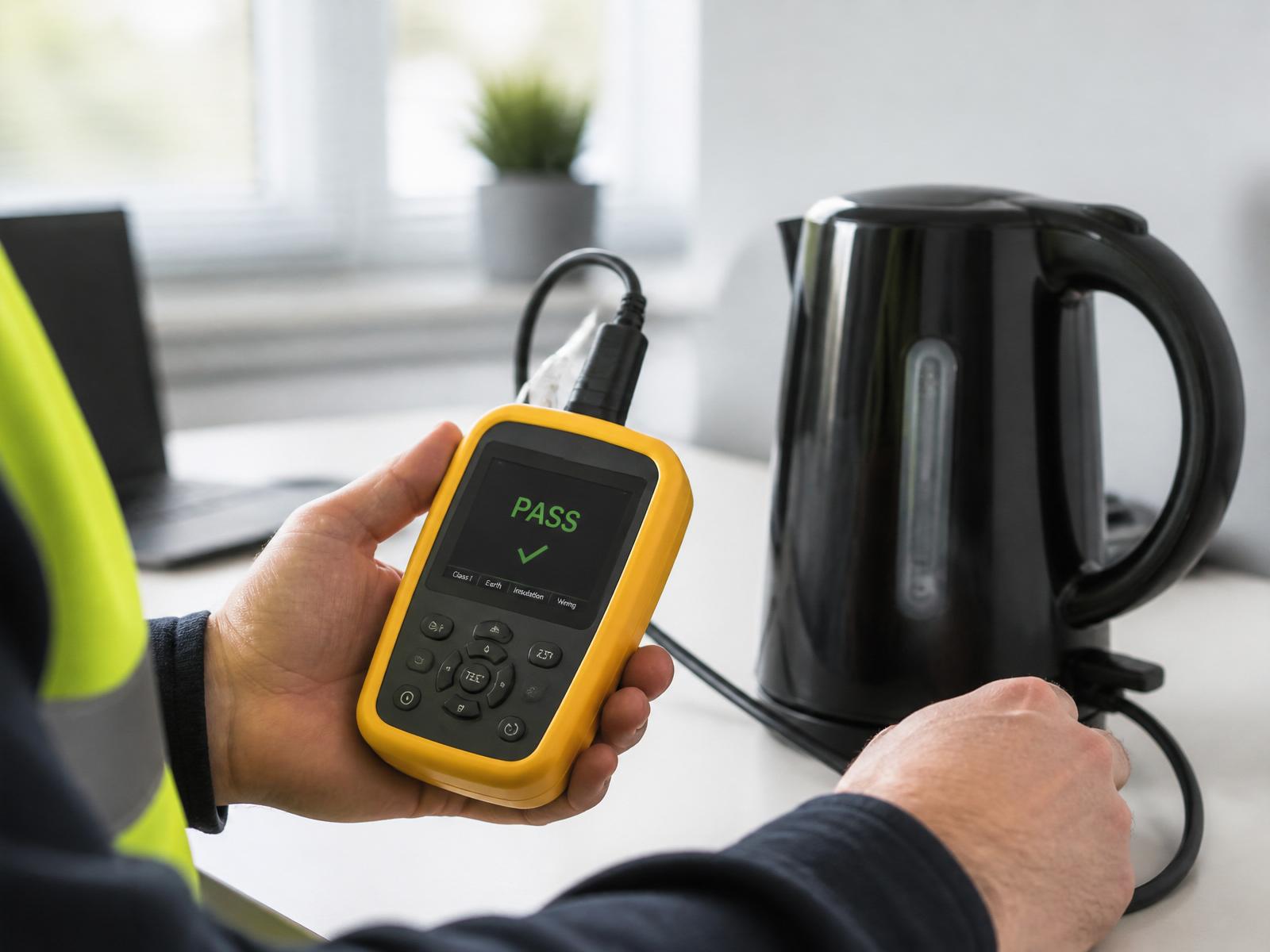 Engineer performing PAT testing on a kitchen appliance with a PASS reading